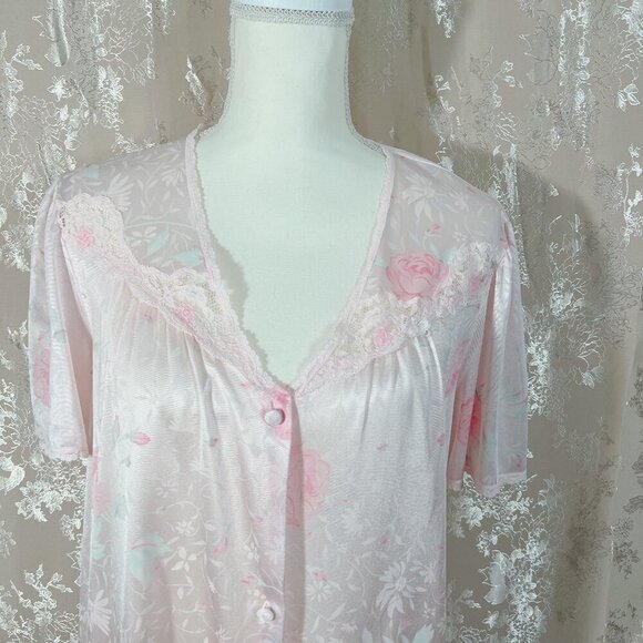Vintage Vanity Fair Light Pink Floral Button Up Night Dress Coquette Size M - Picture 2 of 8